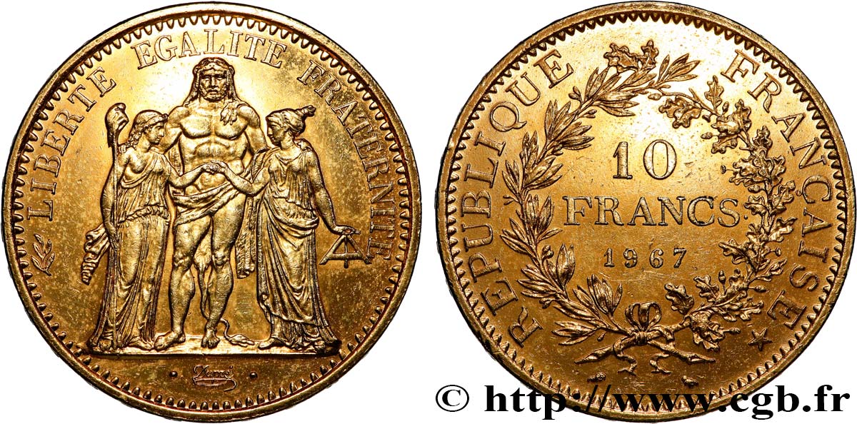 10 francs Hercule doré 1967  F.364/5 var. AU 