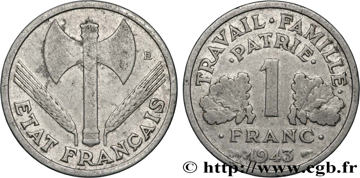 1 franc Francisque, légère, frappe médaille 1943 Paris F.223/3 var. B+ 