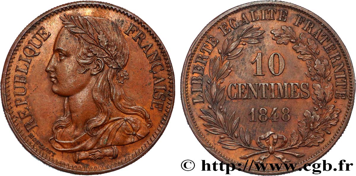 Concours de 10 centimes, piéfort au quadruple de Montagny, premier revers, tranche inscrite 1848 Paris VG.3166 var. SPL60 