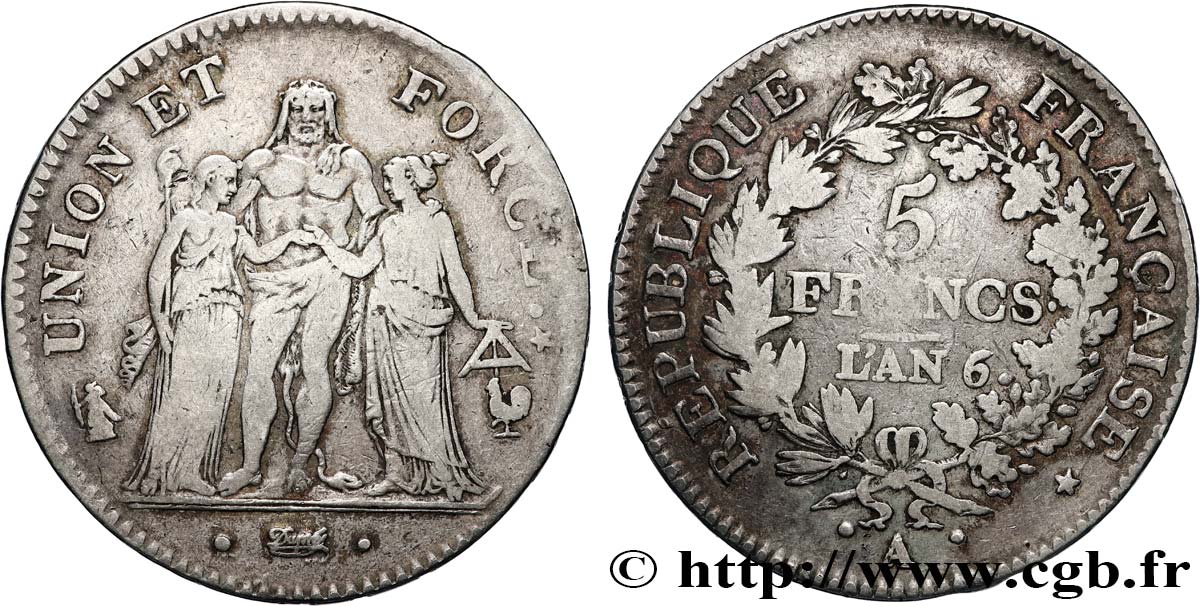 5 francs Union et Force, Union desserré, seulement gland extérieur 1798 Paris F.291/18 TB+ 