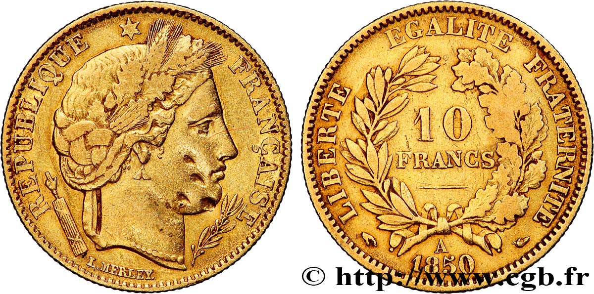 10 francs or Cérès, IIe République, levrette oreille haute 1850 Paris F.504/1 TB 