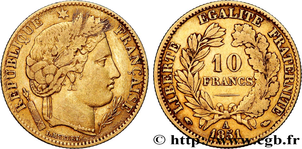 10 francs or Cérès, IIe République 1851 Paris F.504/3 VF 