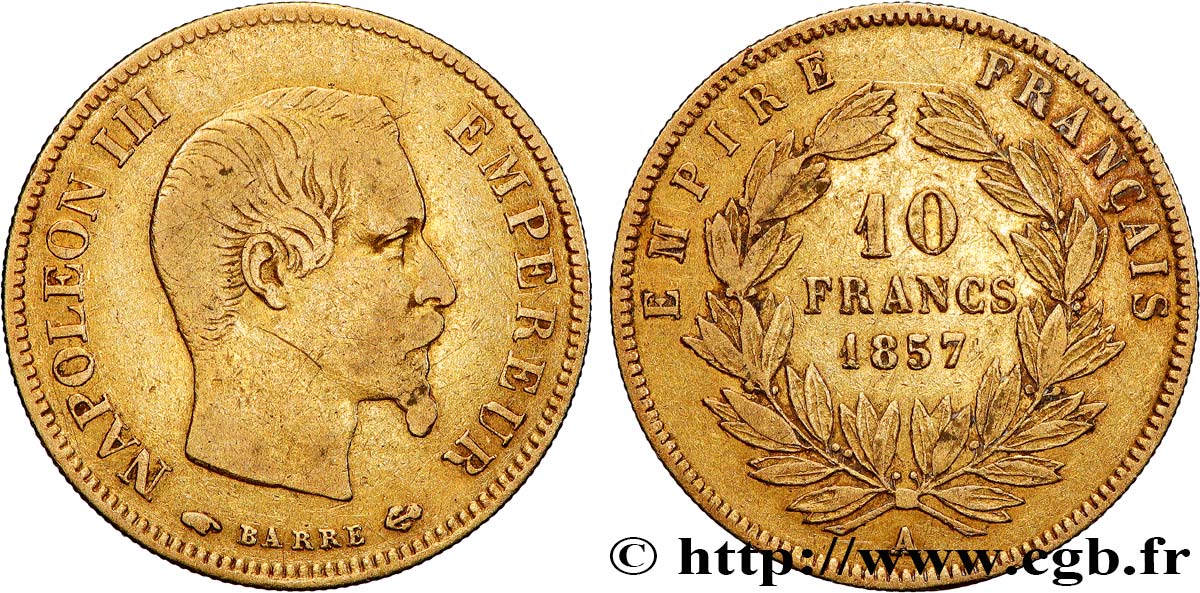 10 francs or Napoléon III, tête nue 1857 Paris F.506/4 TB 