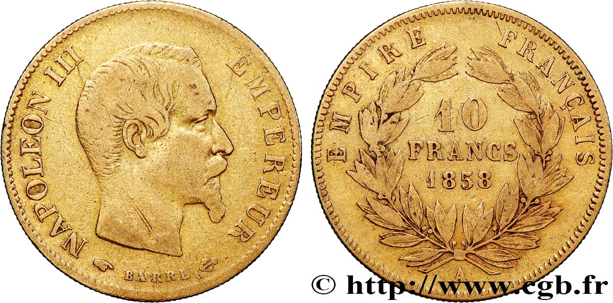 10 francs or Napoléon III, tête nue, grand module 1858 Paris F.506/5 S 