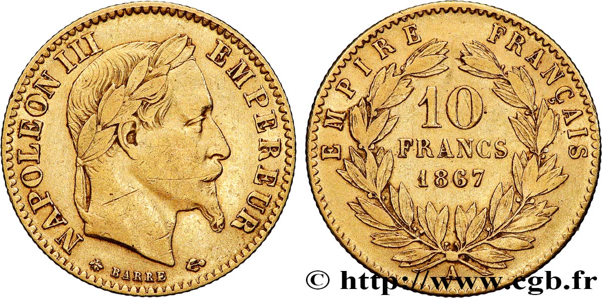 10 francs or Napoléon III, tête laurée 1867 Paris F.507A/15 BC 