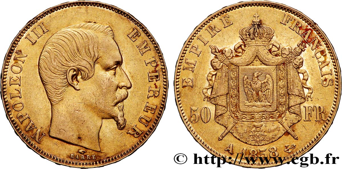 50 francs or Napoléon III, tête nue 1858 Paris F.547/5 MBC+ 