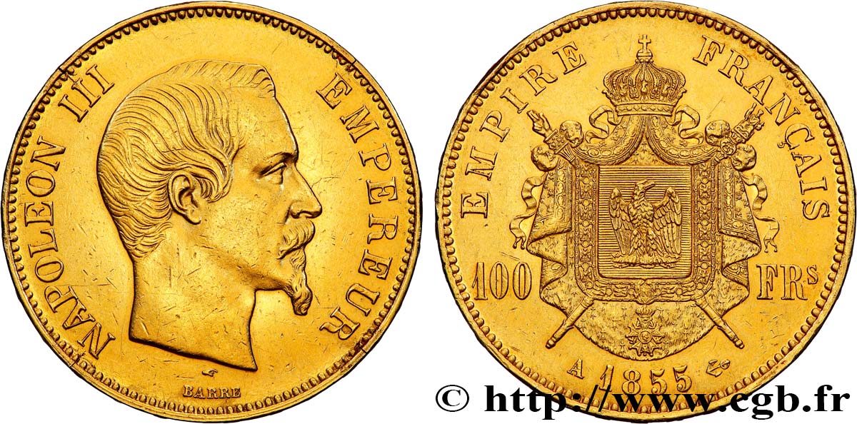 100 francs or Napoléon III, tête nue 1855 Paris F.550/1 AU 