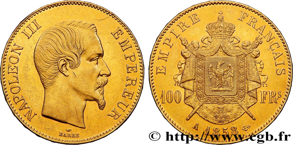 100 francs or Napoléon III, tête nue 1858 Paris F.550/5 TTB+ 