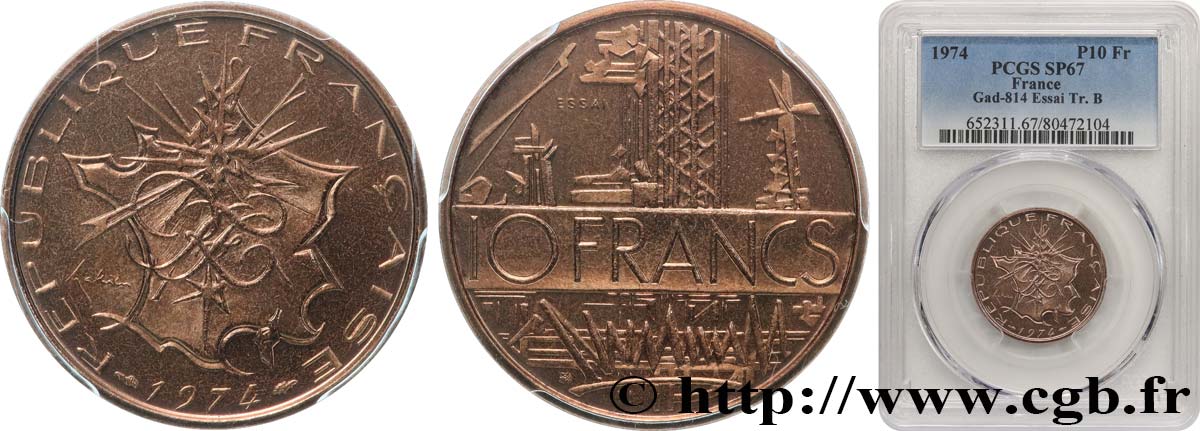 Essai de 10 francs Mathieu, Tranche B 1974 Pessac F.365/1 MS67 PCGS