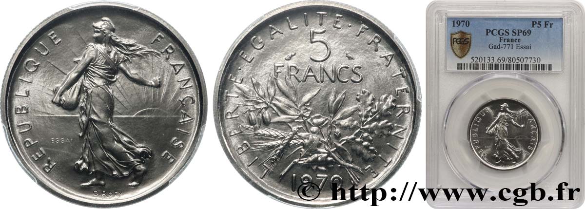 Essai de 5 francs Semeuse, nickel 1970 Paris F.341/1 MS69 PCGS
