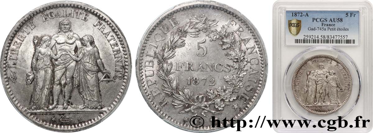 5 francs Hercule, Petites étoiles 1872 Paris F.334/7 EBC58 PCGS