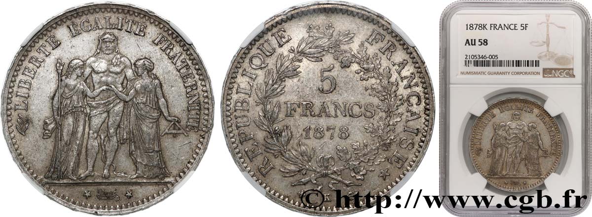 5 francs Hercule 1878 Bordeaux F.334/23 AU58 NGC