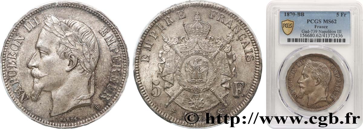 5 francs Napoléon III, tête laurée 1870 Strasbourg F.331/17 MS62 PCGS