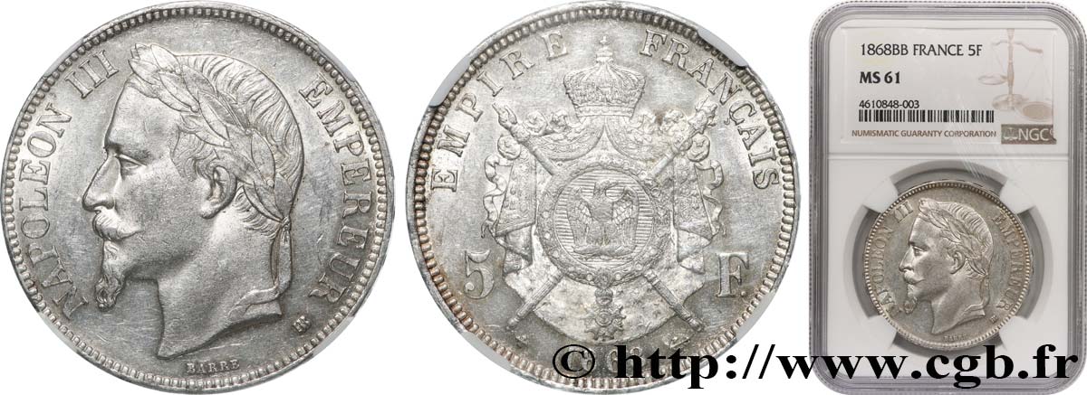 5 francs Napoléon III, tête laurée 1868 Strasbourg F.331/13 MS61 NGC