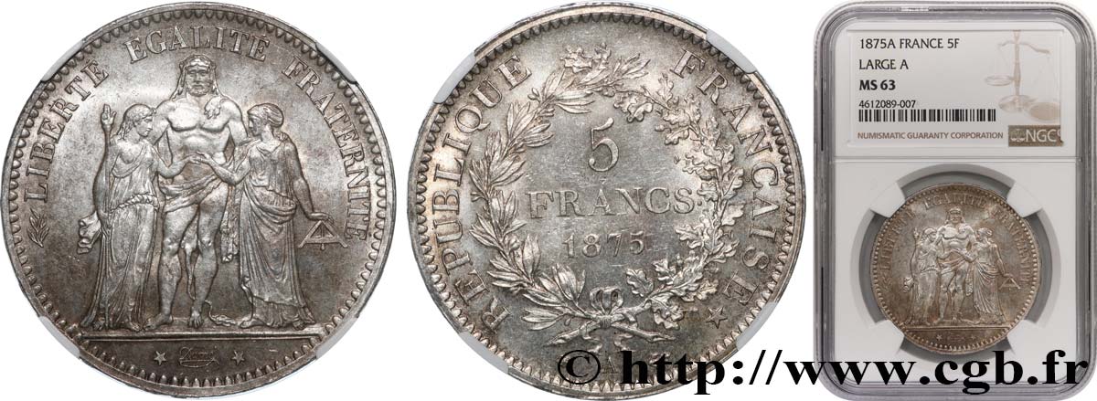 5 francs Hercule 1875 Paris F.334/14 SC63 NGC