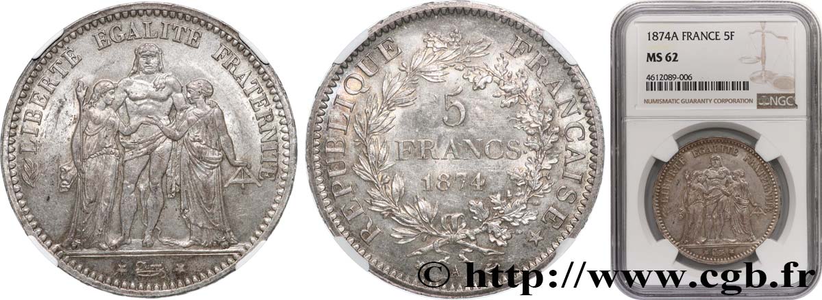 5 francs Hercule 1874 Paris F.334/12 MS62 NGC