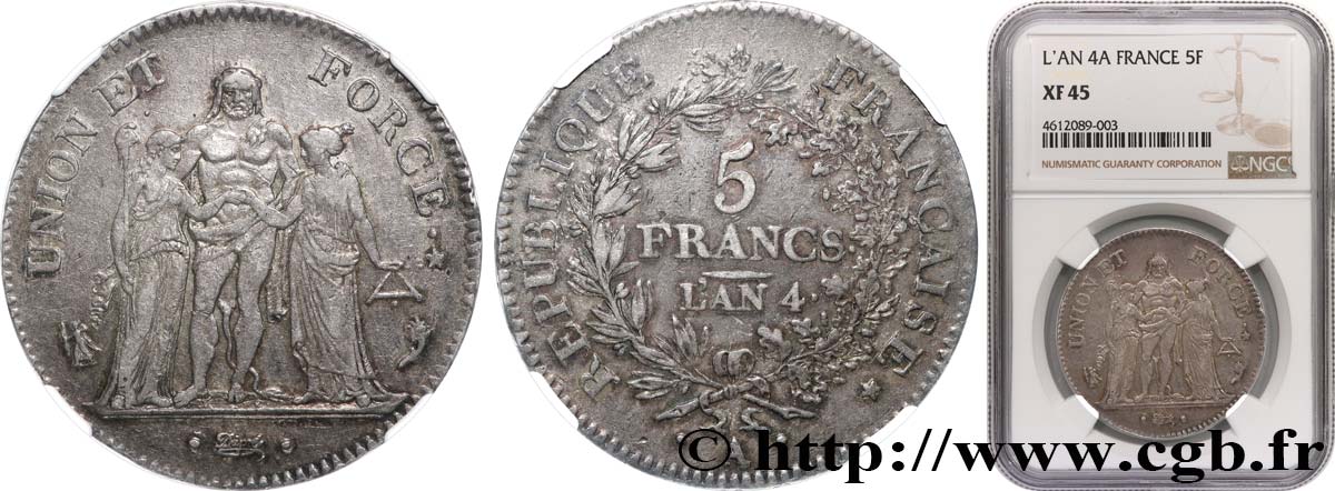 5 francs Union et Force, Union serré, avec glands intérieurs et gland extérieur 1796 Paris F.288/2 MBC45 NGC