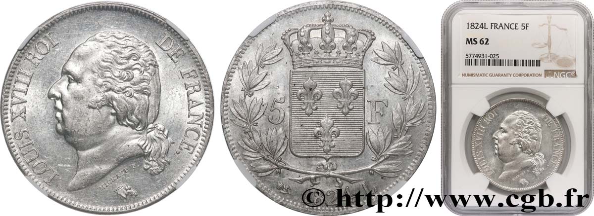 5 francs Louis XVIII, tête nue 1824 Bayonne F.309/94 SUP62 NGC