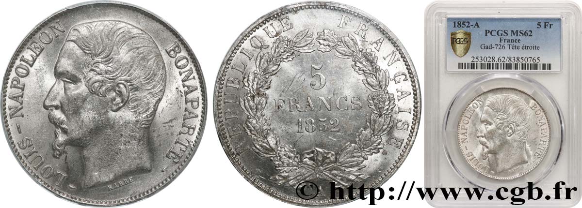5 francs Louis-Napoléon, 1er type 1852 Paris F.329/1 EBC62 PCGS