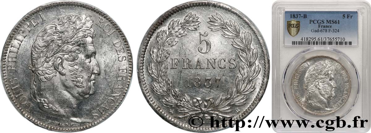 5 francs IIe type Domard 1837 Rouen F.324/62 EBC61 PCGS