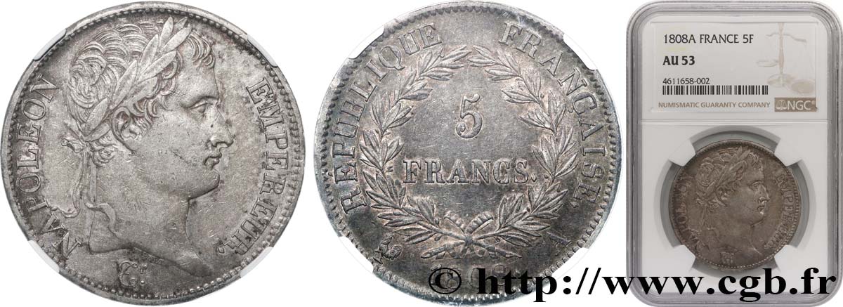 5 francs Napoléon Empereur, République française 1808 Paris F.306/2 TTB53 NGC