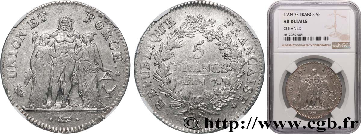 5 francs Union et Force, Union desserré, avec glands intérieurs et gland extérieur 1799 Bordeaux F.291/23 q.SPL NGC