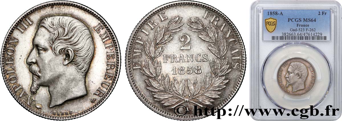 2 francs Napoléon III, tête nue 1858 Paris F.262/10 SPL64 PCGS
