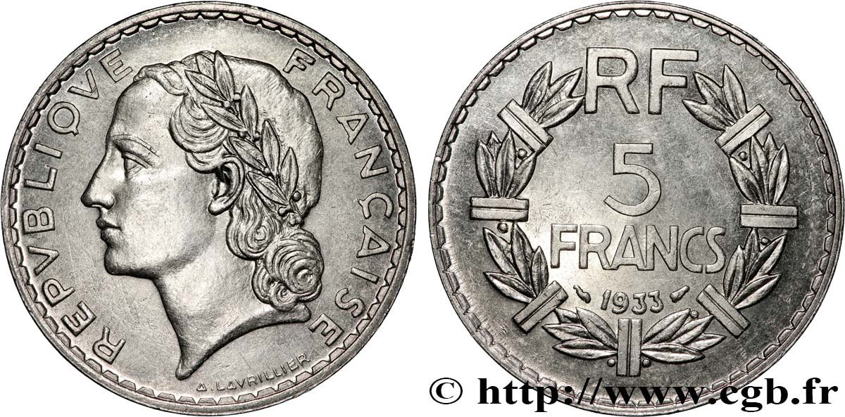 5 francs Lavrillier, nickel 1933  F.336/2 TTB 