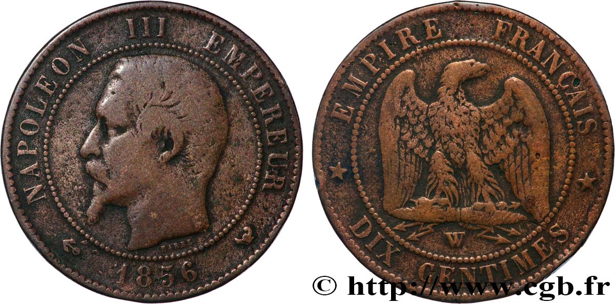 Dix centimes Napoléon III, tête nue, contremarqué “PEARS’ SOAP” 1856 Lille F.133/40 var. TB 