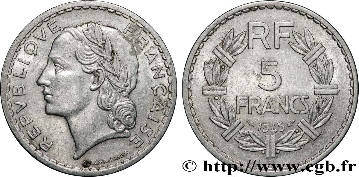 5 francs Lavrillier, aluminium 1945 Beaumont-Le-Roger F.339/4 VF 
