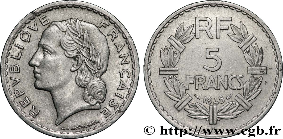 5 francs Lavrillier, aluminium 1945 Beaumont-Le-Roger F.339/4 TB 