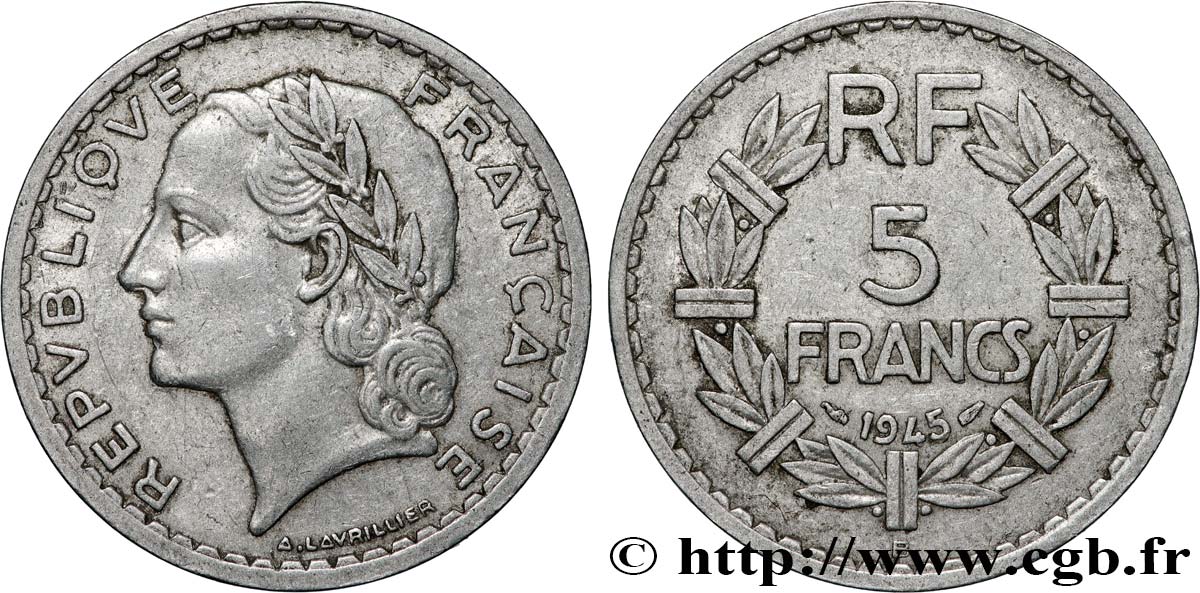 5 francs Lavrillier, aluminium 1945 Beaumont-Le-Roger F.339/4 VF 