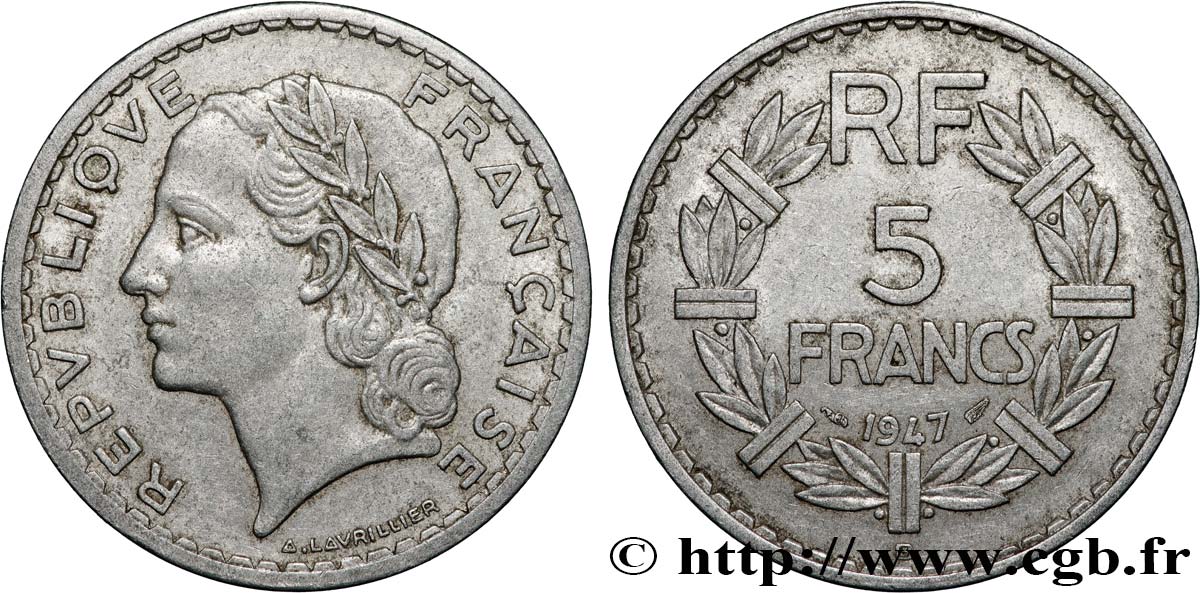 5 francs Lavrillier, aluminium 1947 Beaumont-Le-Roger F.339/12 BC+ 