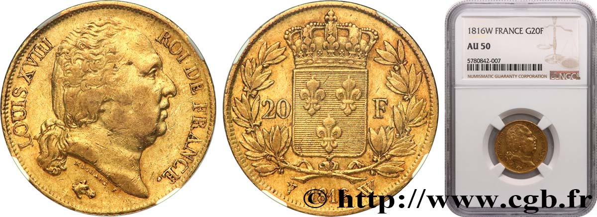 20 francs or Louis XVIII, tête nue 1816 Lille F.519/4 TTB50 NGC