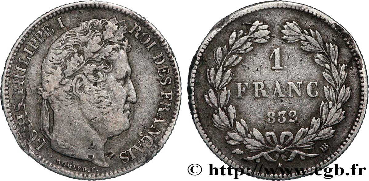 1 franc Louis-Philippe, couronne de chêne 1832 Strasbourg F.210/3 B+ 