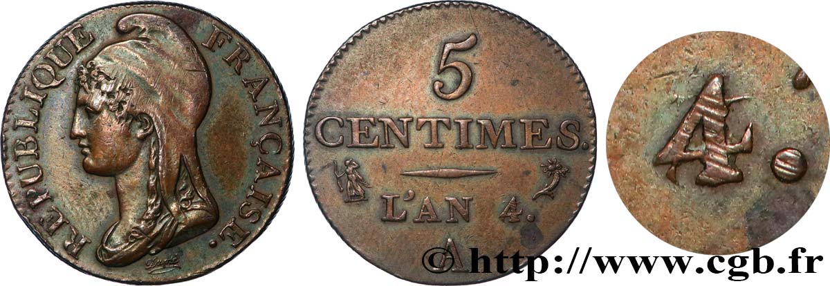 5 centimes Dupré, petit module, An 4/3 1796 Paris F.113/1 var. BB 