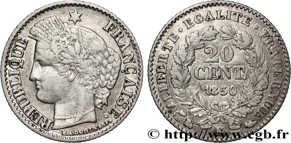 20 centimes Cérès, IIe République 1850 Bordeaux F.146/5 TB 