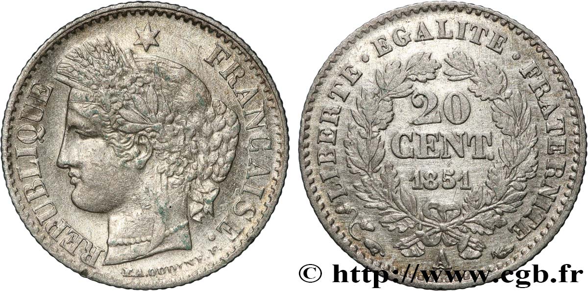 20 centimes Cérès, IIe République 1851 Paris F.146/7 q.SPL 