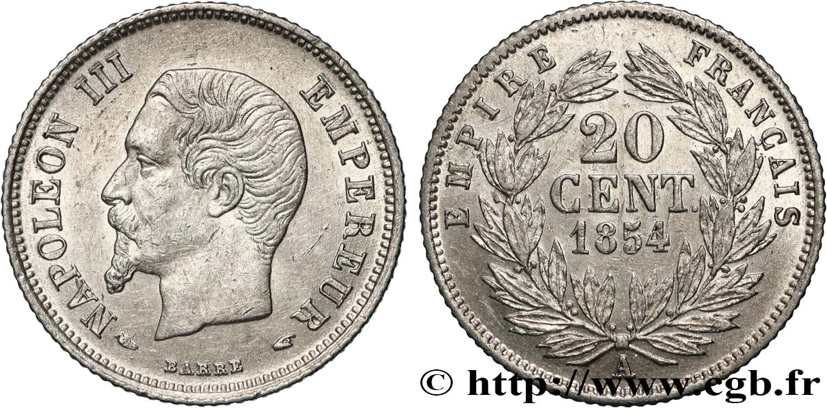 20 centimes Napoléon III, tête nue 1854 Paris F.148/2 VZ 