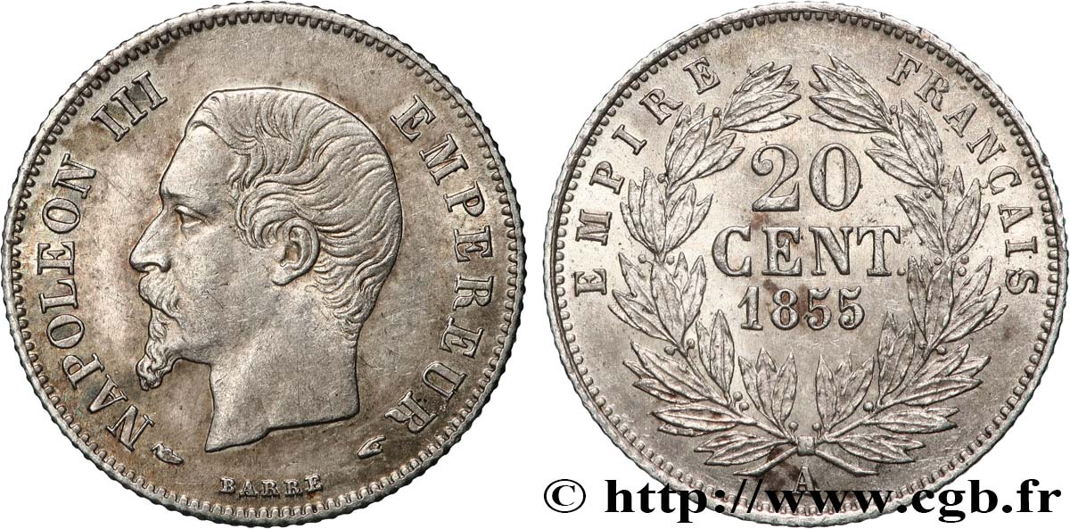 20 centimes Napoléon III, tête nue 1855 Paris F.148/3 SPL55 