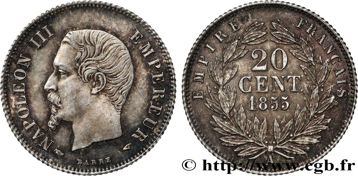 20 centimes Napoléon III, tête nue 1855 Paris F.148/3 SUP 