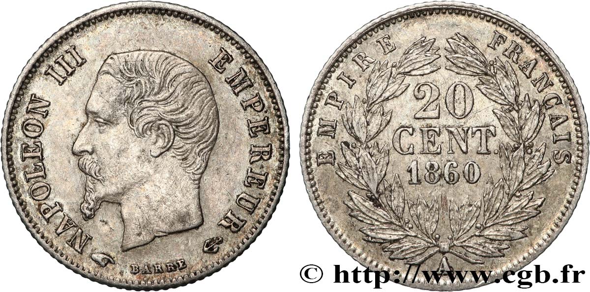 20 centimes Napoléon III, tête nue 1860 Paris F.148/13 TTB+ 