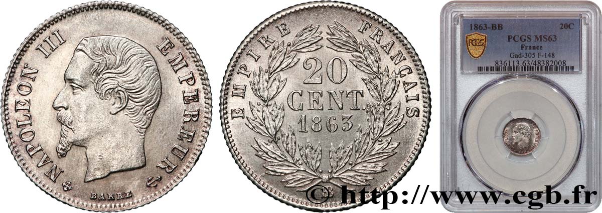 20 centimes Napoléon III, tête nue 1863 Strasbourg F.148/18 SPL63 PCGS