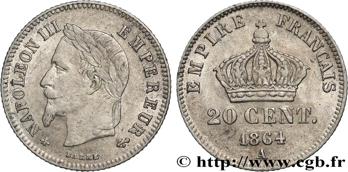 20 centimes Napoléon III, tête laurée, petit module 1864 Paris F.149/1 TTB50 