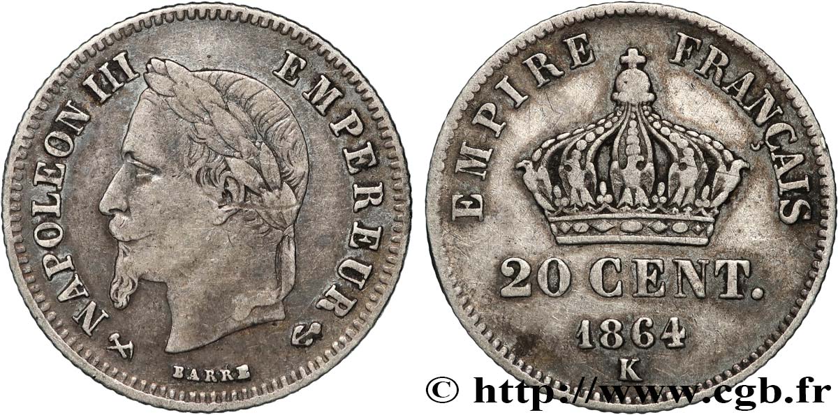 20 centimes Napoléon III, tête laurée, petit module 1864 Bordeaux F.149/3 BC 