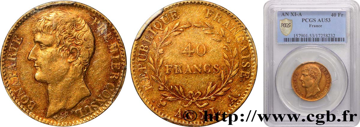 40 francs or Bonaparte Premier Consul 1803 Paris F.536/1 SS53 PCGS