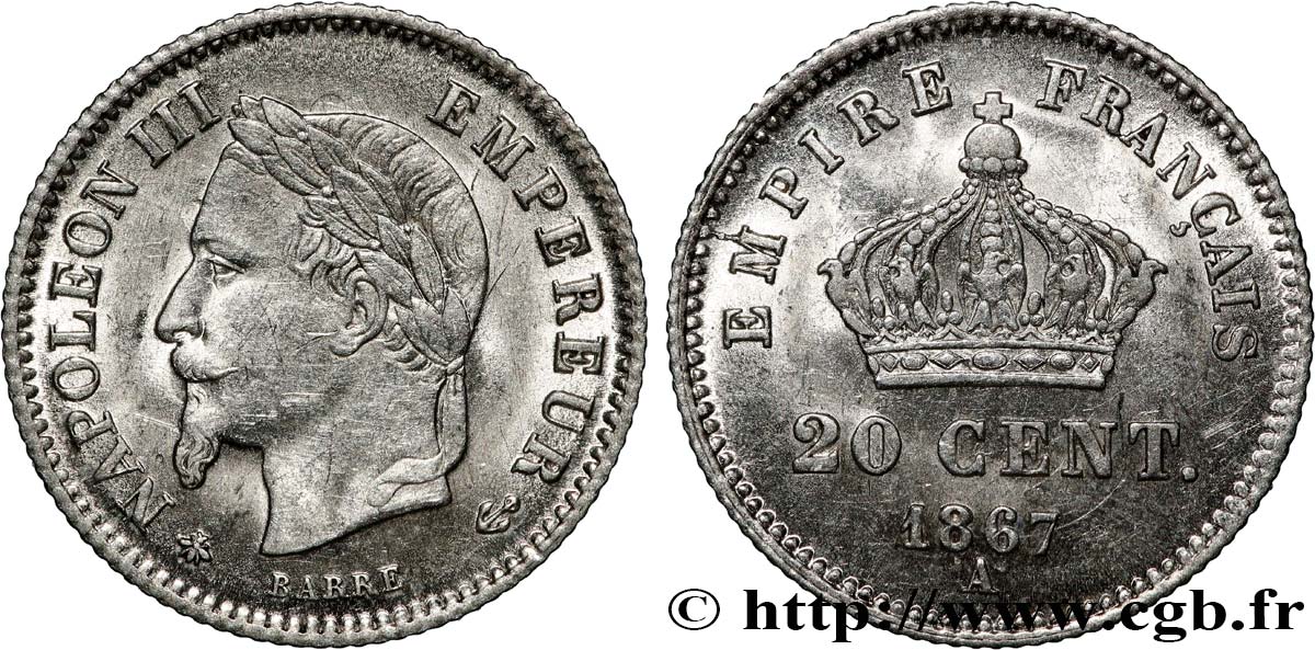 20 centimes Napoléon III, tête laurée, grand module 1867 Paris F.150/1 SUP 