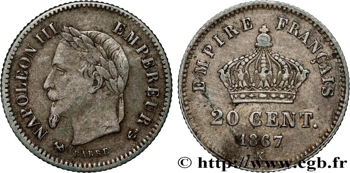 20 centimes Napoléon III, tête laurée, grand module 1867 Bordeaux F.150/3 S35 