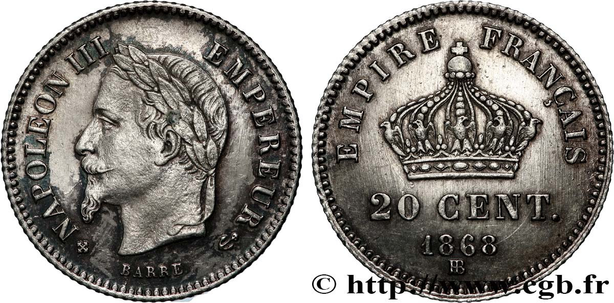 20 centimes Napoléon III, tête laurée, grand module 1868 Strasbourg F.150/5 q.SPL 