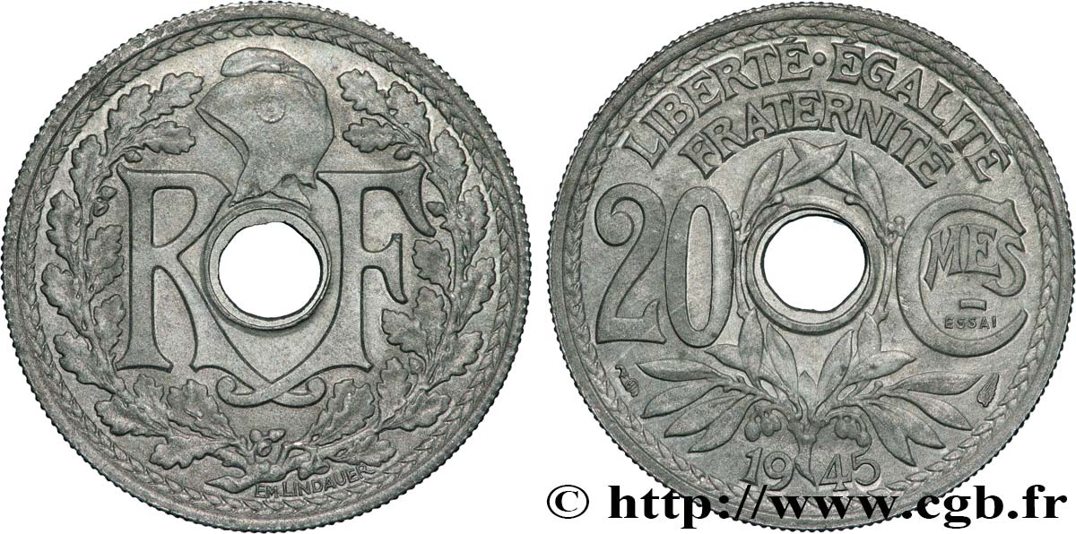 Essai de 20 centimes Lindauer en zinc 1945 Paris F.155/1 MS63 